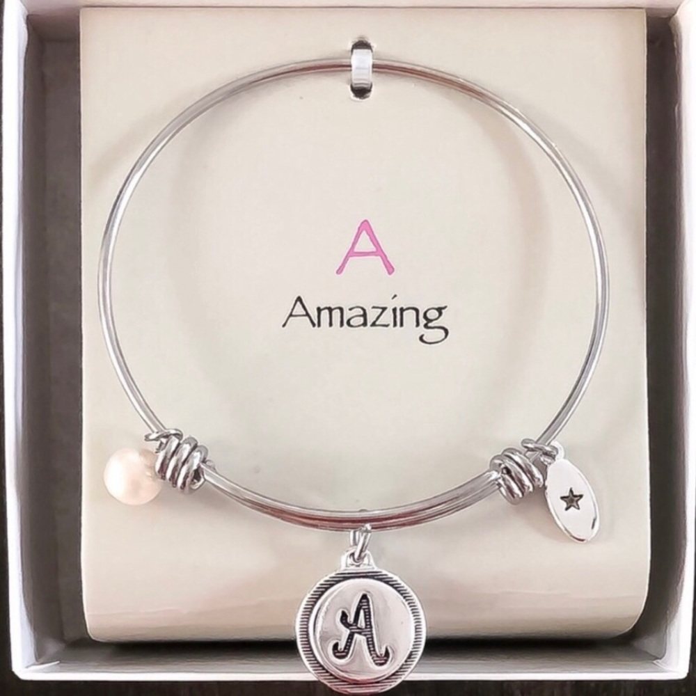 A Amazing / Initial Pearl Silver Adjustable Charm Bangle by Unwritten